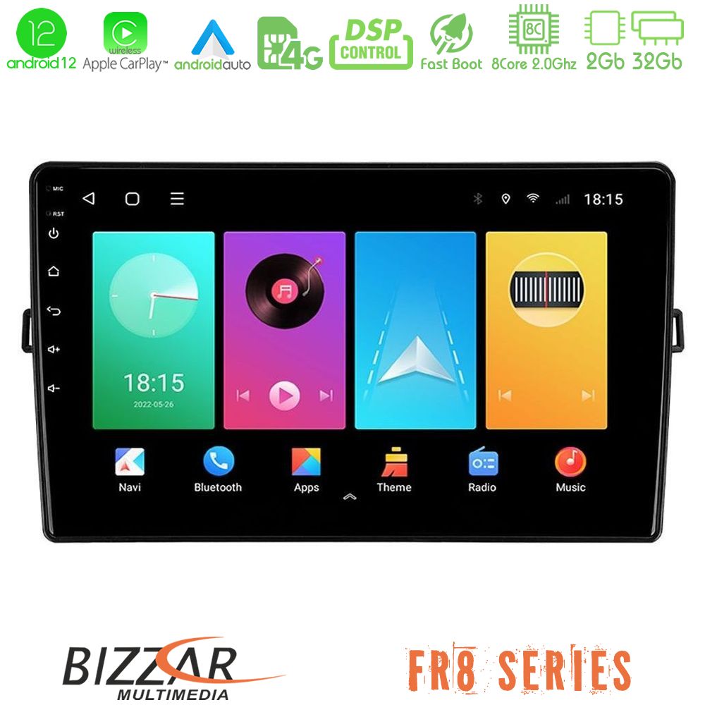 Bizzar FR8 Series Toyota Auris 8core Android12 2+32GB Navigation Multimedia Tablet 10" - U-FR8-TY472
