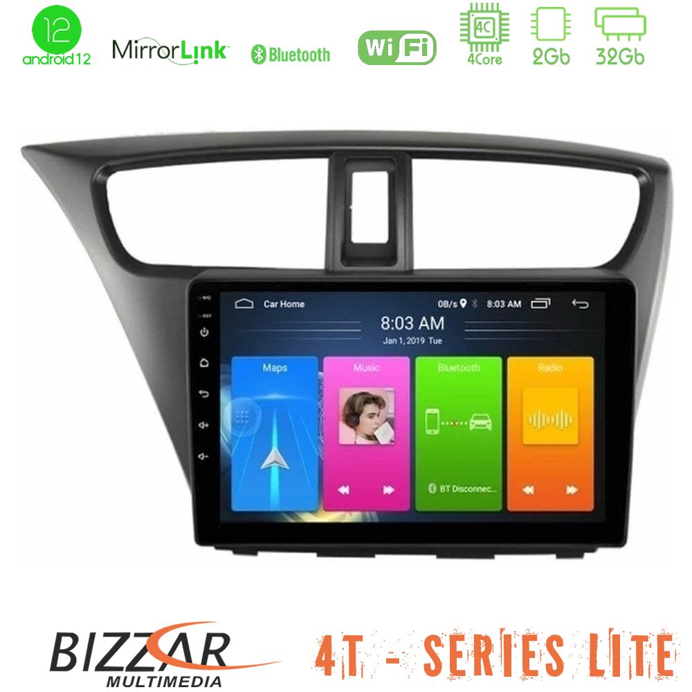 Bizzar 4T Series Honda Civic Hatchback 2012-2015 4Core Android12 2+32GB Navigation Multimedia Tablet 9″