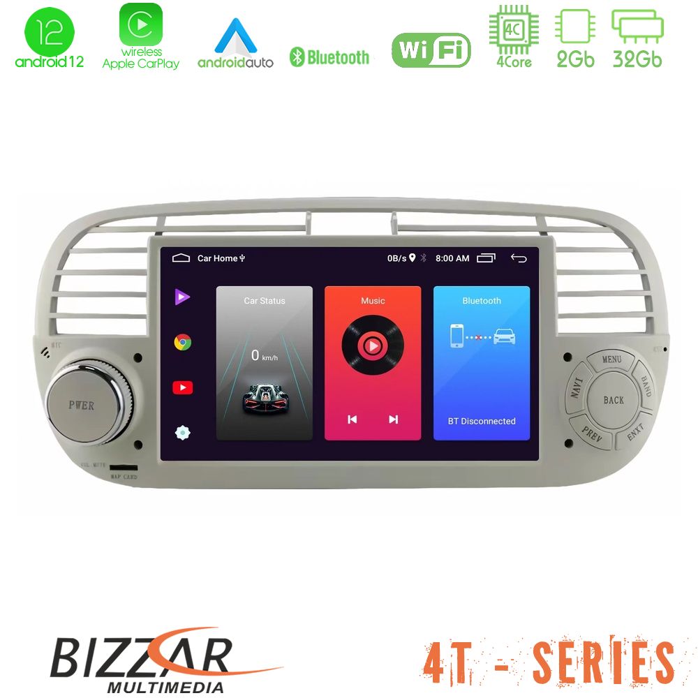 Bizzar OEM Fiat 500 2008-2015 4core Android12 2+32GB Navigation Multimedia Deckless 7" με Carplay/AndroidAuto - U-4T-FT315WH
