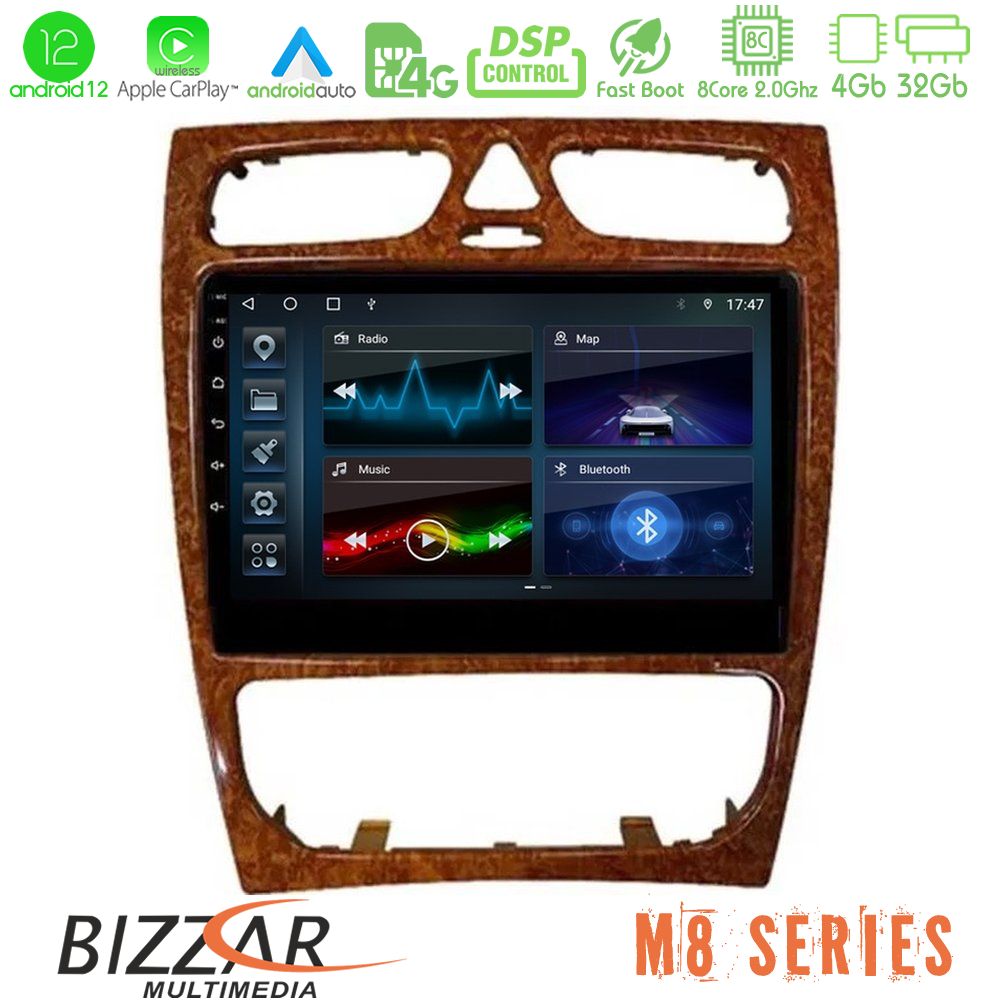 Bizzar M8 Series Mercedes C Class (W203) 8core Android12 4+32GB Navigation Multimedia 9" (Wooden Style) - U-M8-MB0925W
