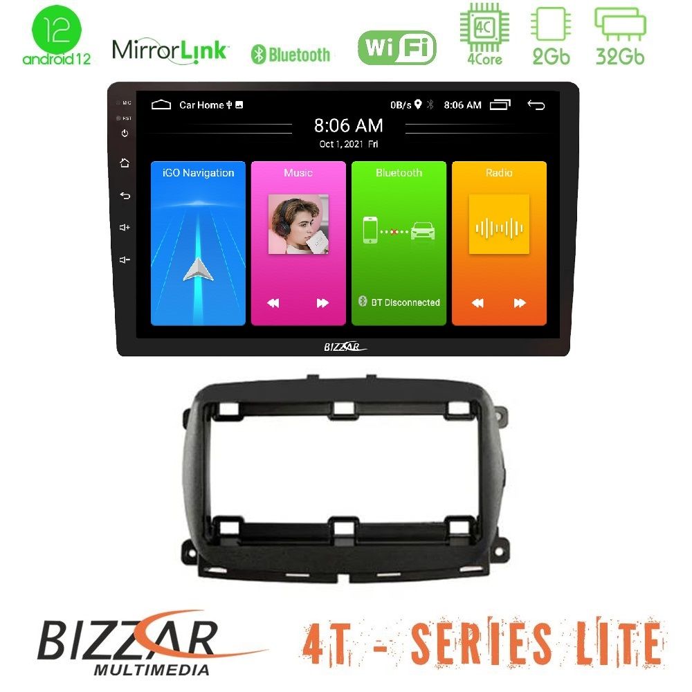 Bizzar 4T Series Fiat 500 2016> 4Core Android12 2+32GB Navigation Multimedia Tablet 9" - U-LVB-FT1150