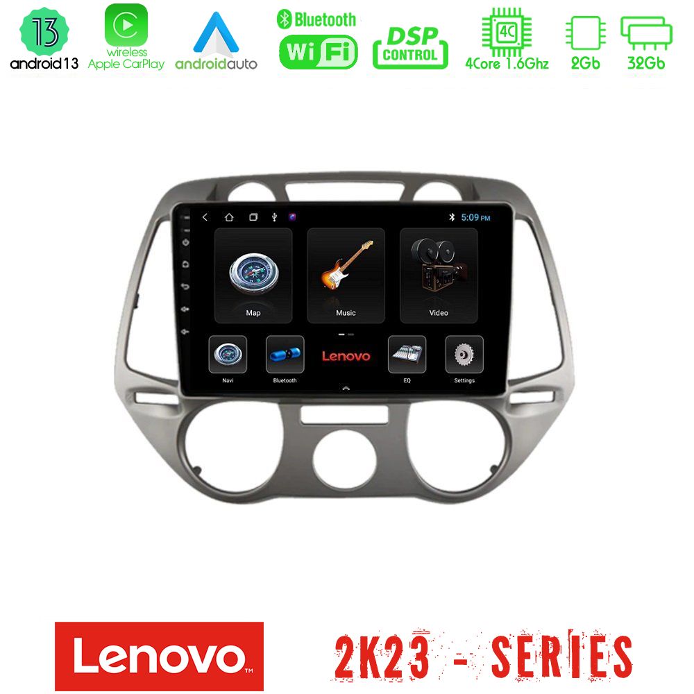 Lenovo Car Pad Hyundai i20 2009-2012 Manual A/C 4Core Android 13 2+32GB Navigation Multimedia Tablet 9" - U-LEN-HY0709M