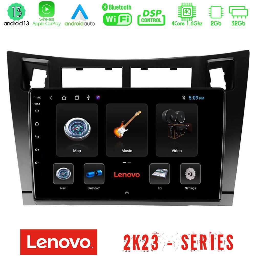 Lenovo Car Pad Toyota Yaris 4Core Android 13 2+32GB Navigation Multimedia Tablet 9" (Μαύρο Χρώμα) - U-LEN-TY626B