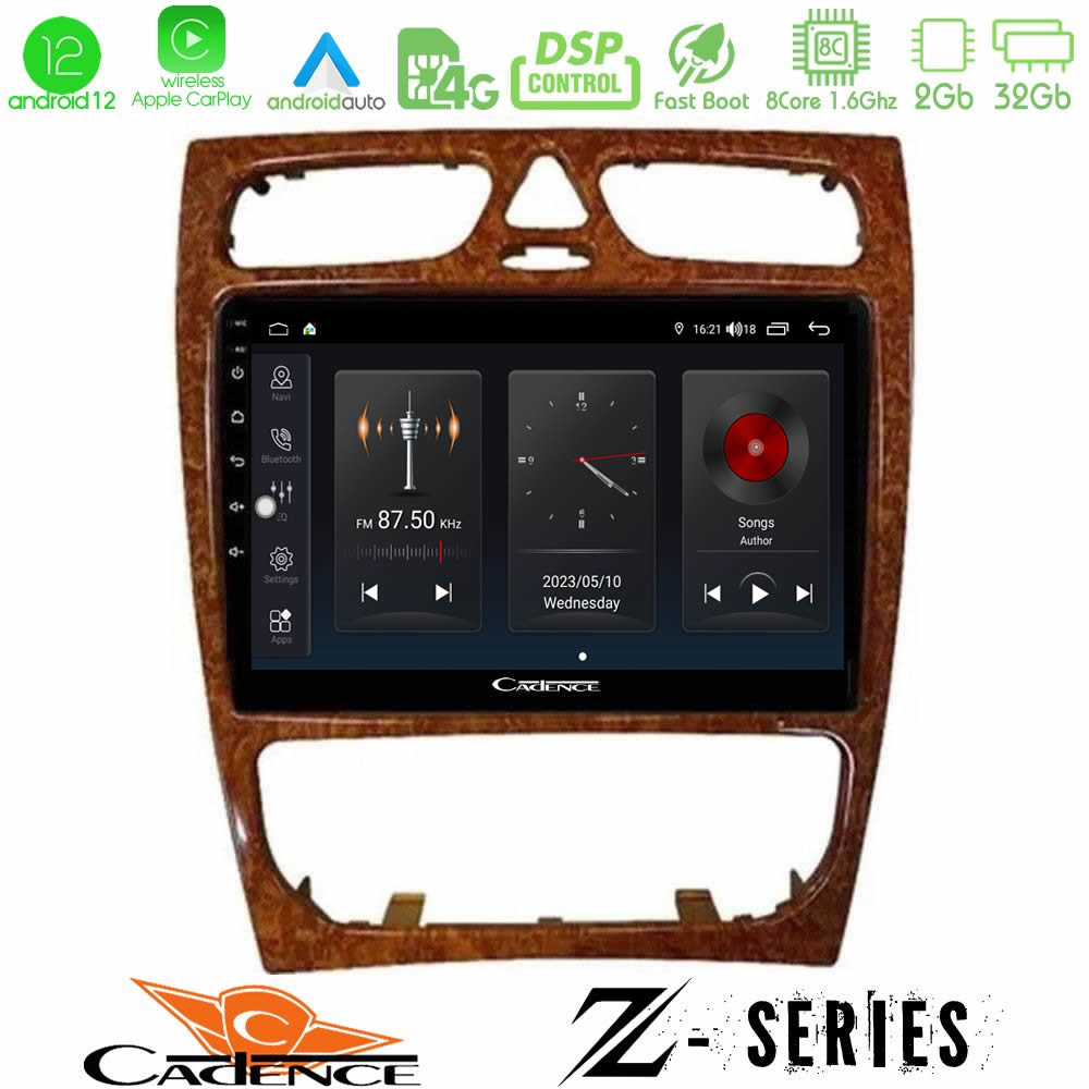 Cadence Z Series Mercedes C Class (W203) 8core Android12 2+32GB Navigation Multimedia Tablet 9" (Wooden Style) - U-Z-MB0925W