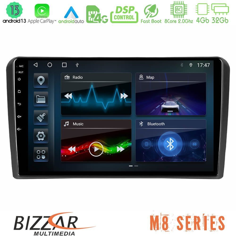 Bizzar M8 Series Audi A3 8P 8core Android13 4+32GB Navigation Multimedia Tablet 9" - U-M8-AU0826
