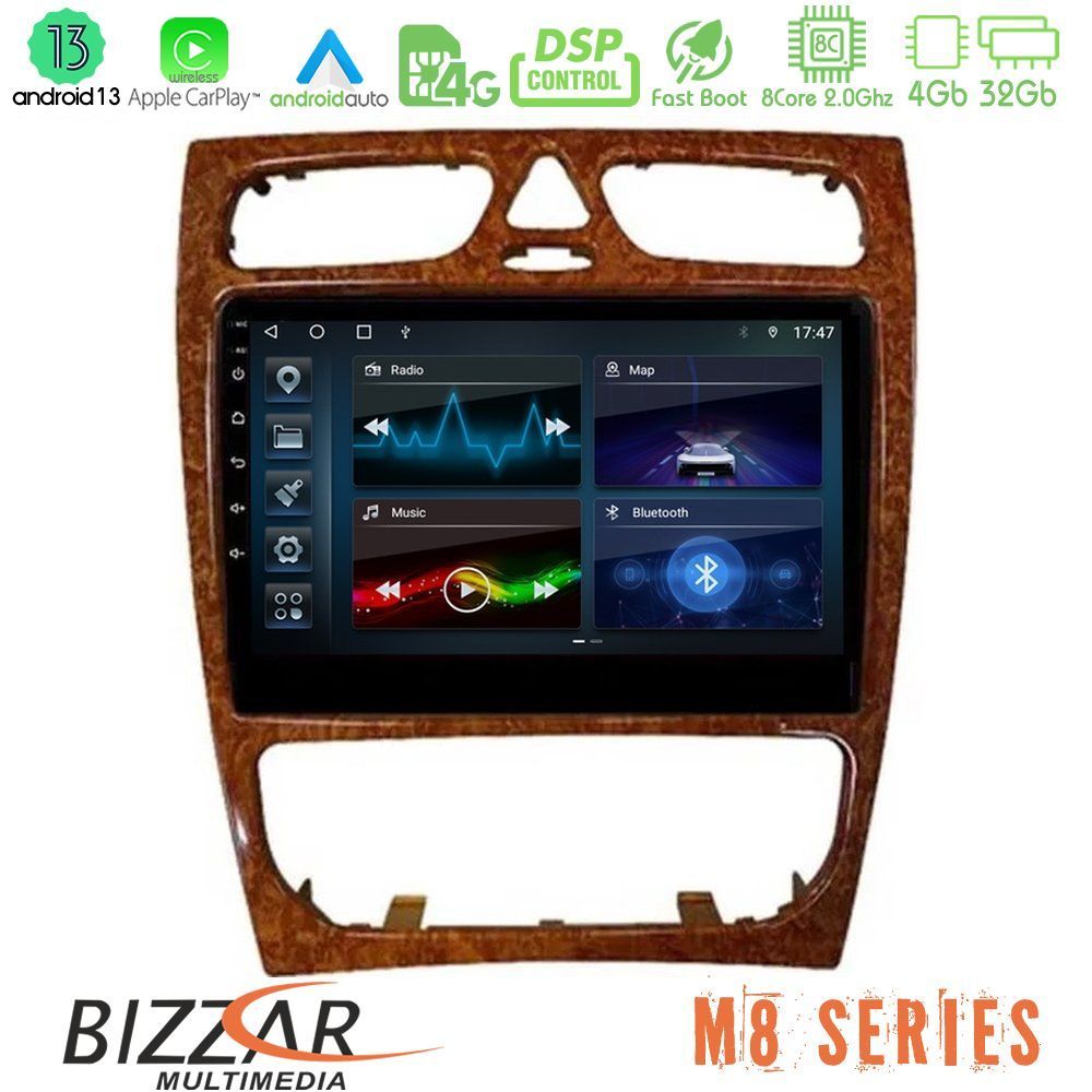 Bizzar M8 Series Mercedes C Class (W203) 8core Android13 4+32GB Navigation Multimedia 9" (Wooden Style) - U-M8-MB0925W