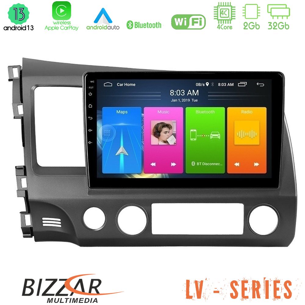 Bizzar LV Series Honda Civic 2006-2011 4Core Android 13 2+32GB Navigation Multimedia Tablet 9" - U-LV-HD908