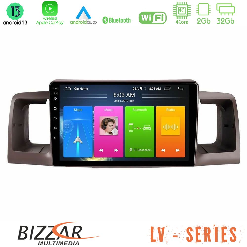 Bizzar LV Series Toyota Corolla 2002-2006 4Core Android 13 2+32GB Navigation Multimedia Tablet 9" - U-LV-TY0254