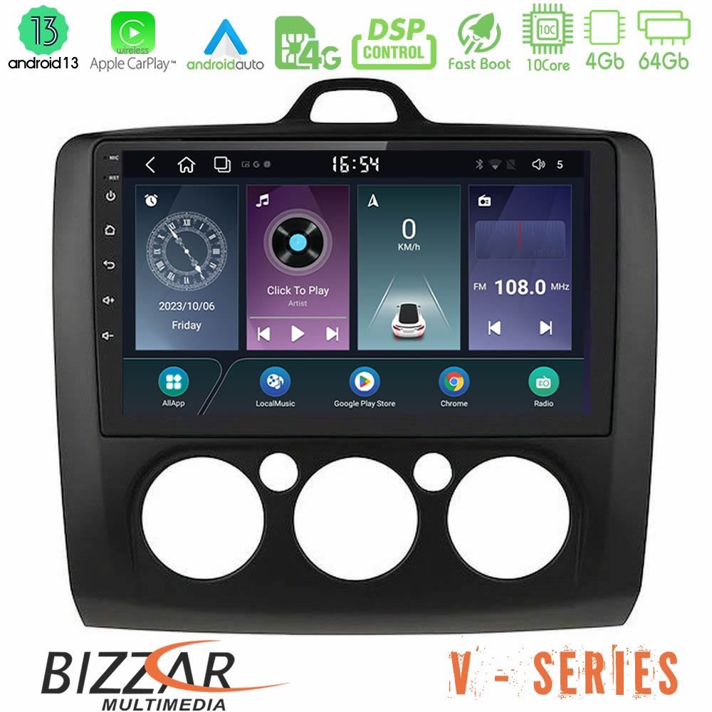 Bizzar V Series Ford Focus Manual AC 10core Android13 4+64GB Navigation Multimedia Tablet 9" (Μαύρο Χρώμα) - U-V-FD0041MB