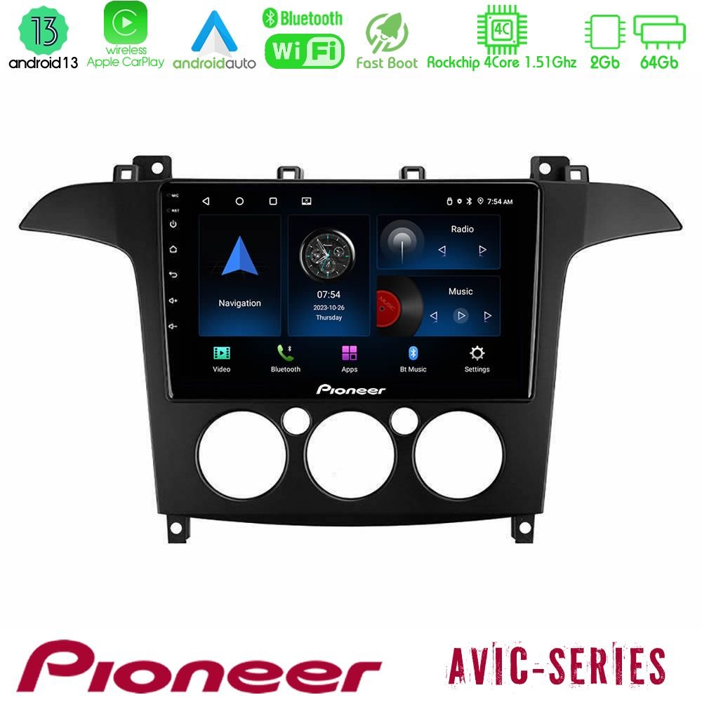 Pioneer AVIC 4Core Android13 2+64GB Ford S-Max 2006-2008 (manual A/C) Navigation Multimedia Tablet 9" - U-P4-FD408