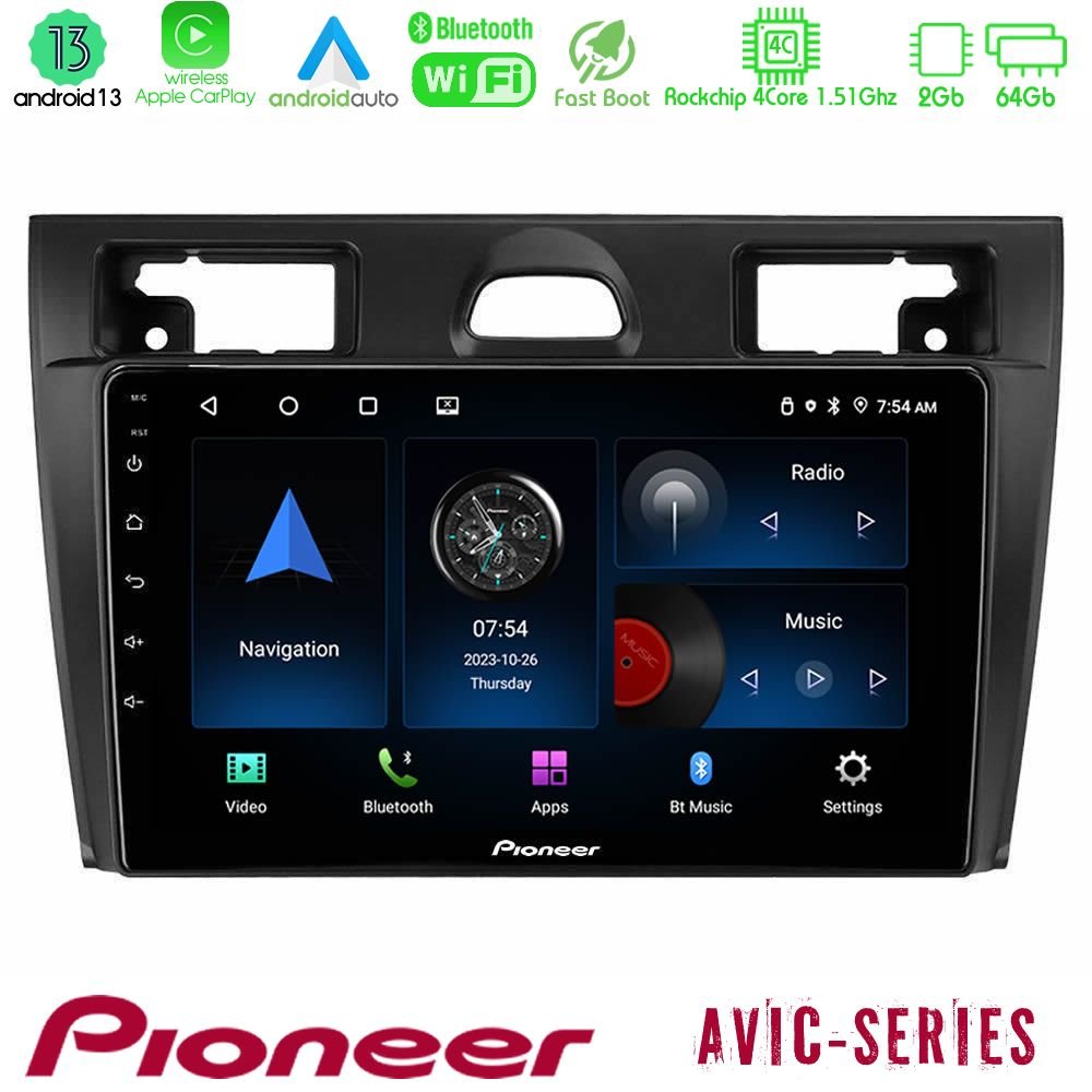 Pioneer AVIC 4Core Android13 2+64GB Ford Fiesta/Fusion Navigation Multimedia Tablet 9" - U-P4-FD990