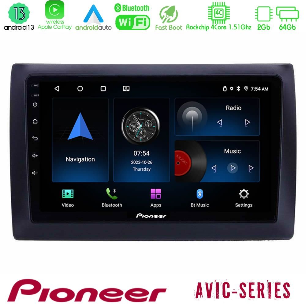 Pioneer AVIC 4Core Android13 2+64GB Fiat Stilo Navigation Multimedia Tablet 9" - U-P4-FT037N
