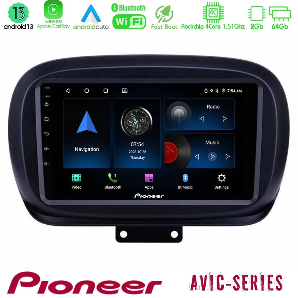Pioneer AVIC 4Core Android13 2+64GB Fiat 500X Navigation Multimedia Tablet 9" - U-P4-FT230