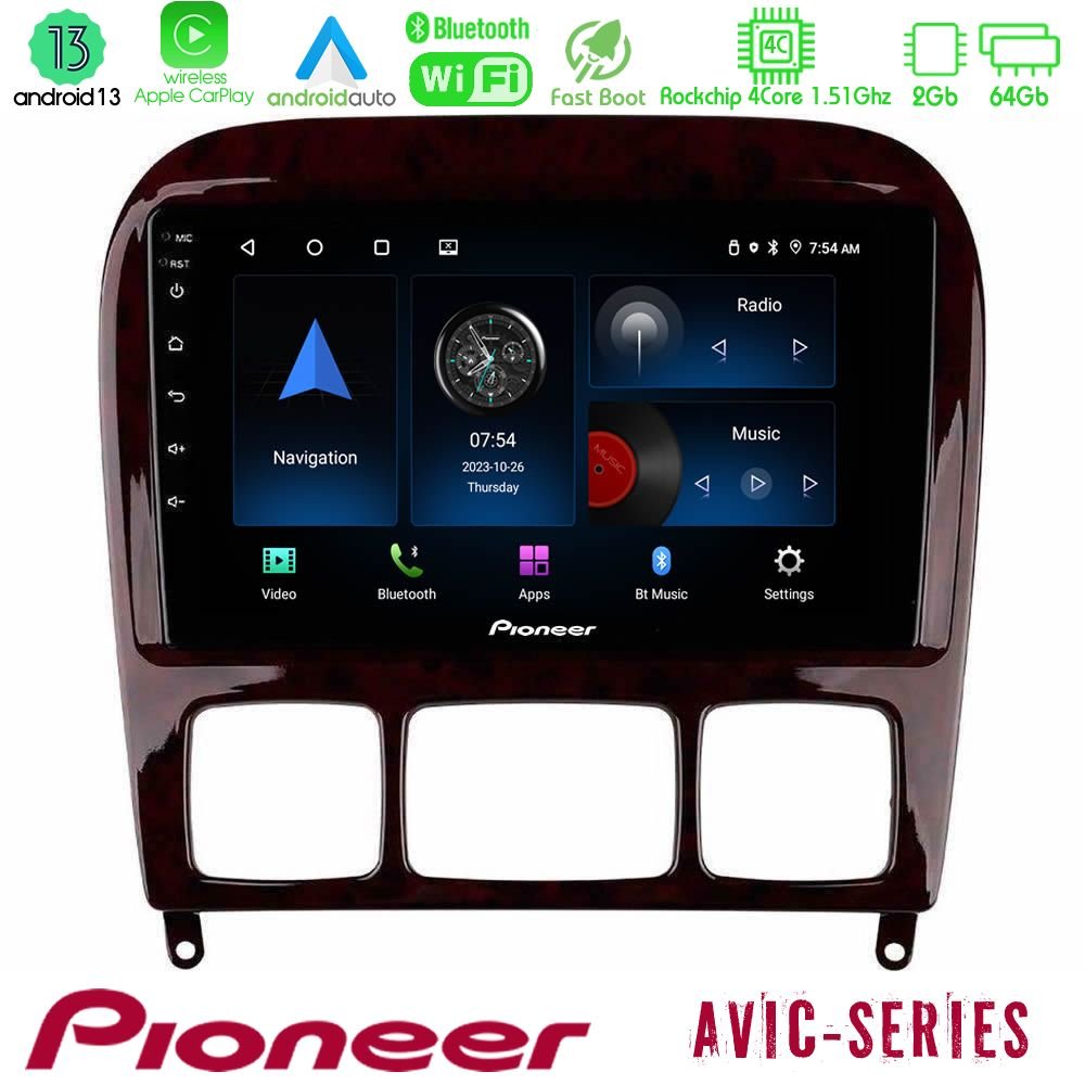 Pioneer AVIC 4Core Android13 2+64GB Mercedes S Class 1999-2004 (W220) Navigation Multimedia Tablet 9" - U-P4-MB0765