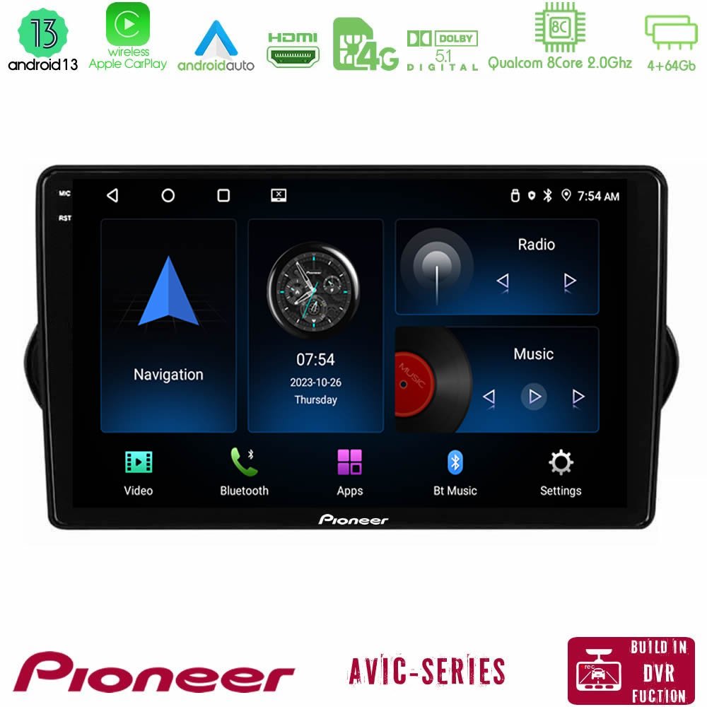Pioneer AVIC 8Core Android13 4+64GB Fiat Tipo 2015-2022 (Hatchback) Navigation Multimedia Tablet 9" - U-P8-FT1281
