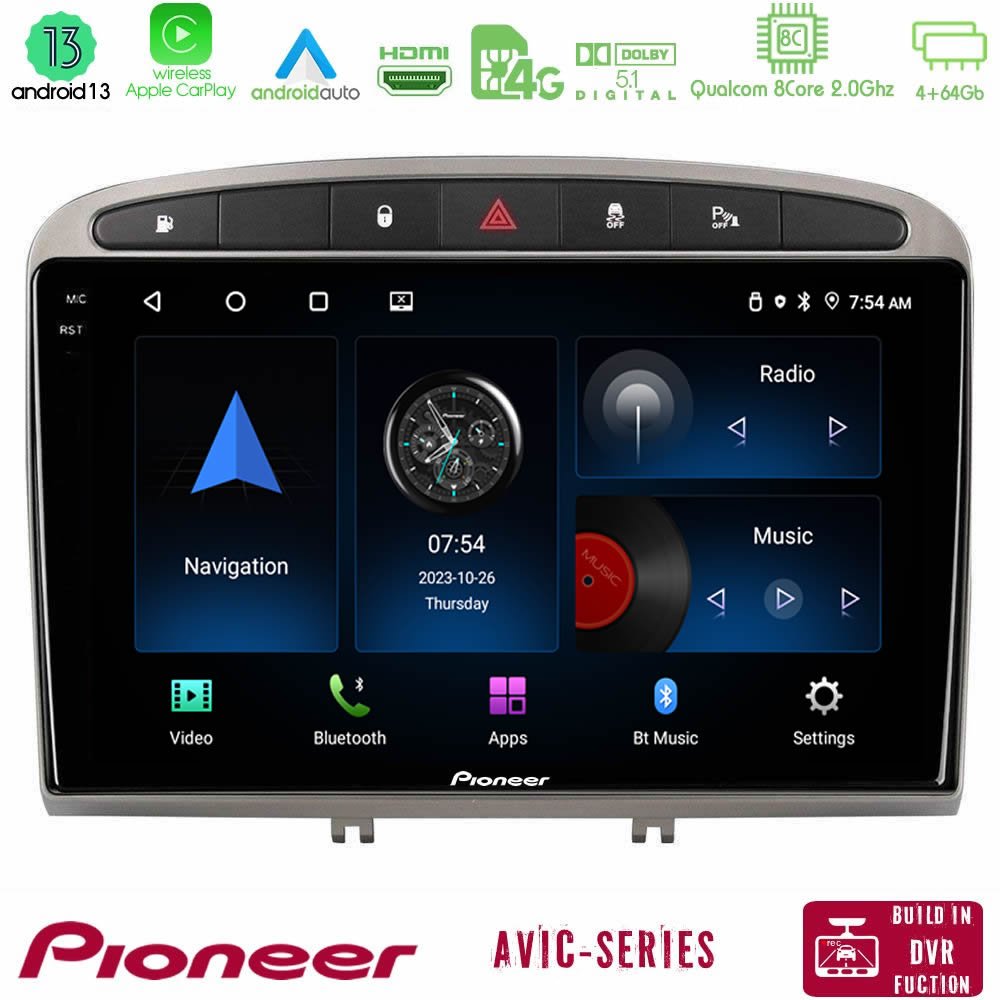 Pioneer AVIC 8Core Android13 4+64GB Peugeot 308/RCZ Navigation Multimedia Tablet 9" (Ασημί Χρώμα) - U-P8-PG705S