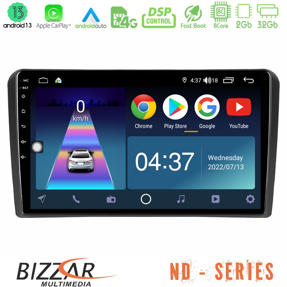 Bizzar ND Series 8Core Android13 2+32GB Audi A3 8P Navigation Multimedia Tablet 9" - U-ND-AU0826