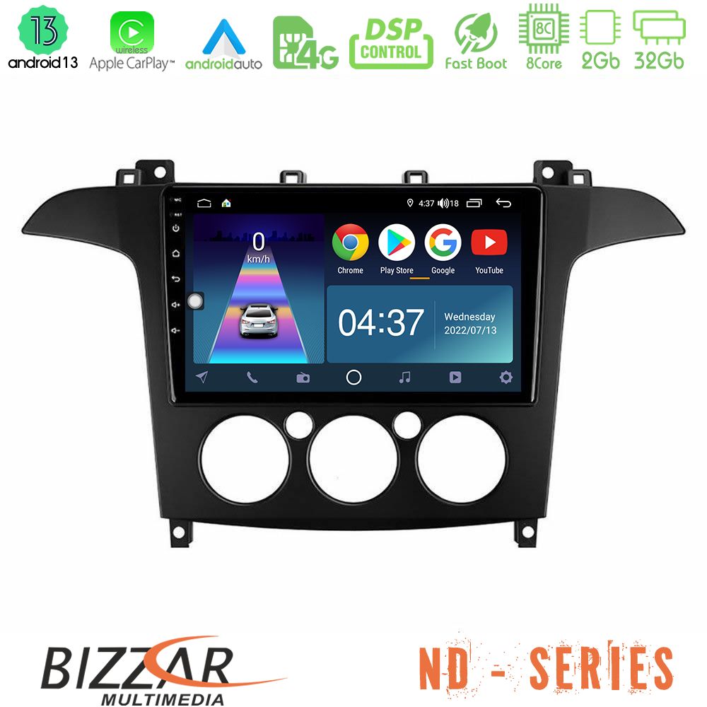 Bizzar ND Series 8Core Android13 2+32GB Ford S-Max 2006-2008 (manual A/C) Navigation Multimedia Tablet 9" - U-ND-FD408