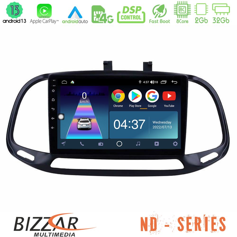 Bizzar ND Series 8Core Android13 2+32GB Fiat Doblo 2015-2022 Navigation Multimedia Tablet 9" - U-ND-FT0909