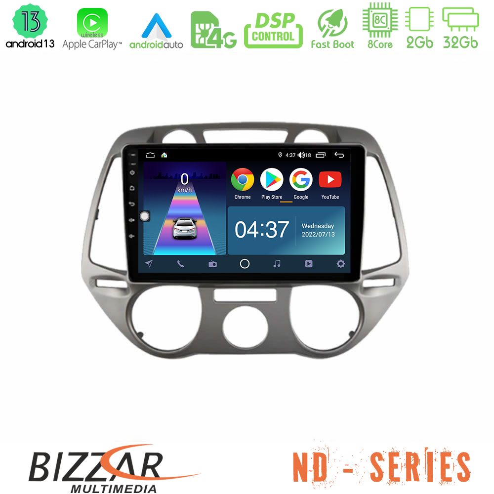 Bizzar ND Series 8Core Android13 2+32GB Hyundai i20 2009-2012 Manual A/C Navigation Multimedia Tablet 9" - U-ND-HY0709M