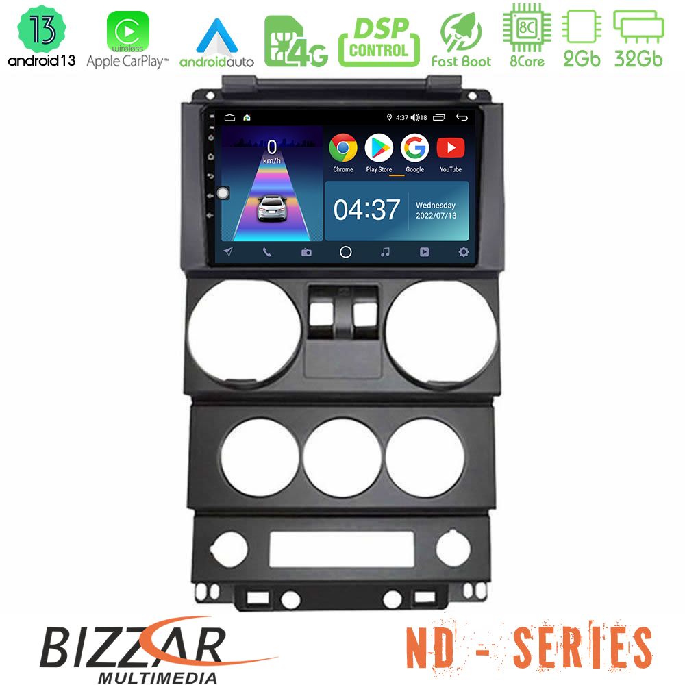 Bizzar ND Series 8Core Android13 2+32GB Jeep Wrangler 2Door 2008-2010 Navigation Multimedia Tablet 9" - U-ND-JP022N
