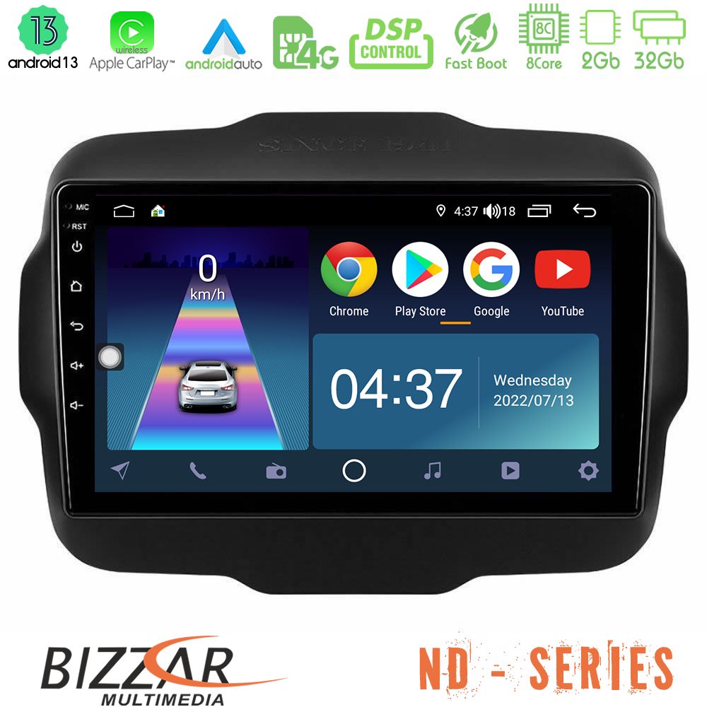 Bizzar ND Series 8Core Android13 2+32GB Jeep Renegade 2015-2019 Navigation Multimedia Tablet 9" - U-ND-JP134