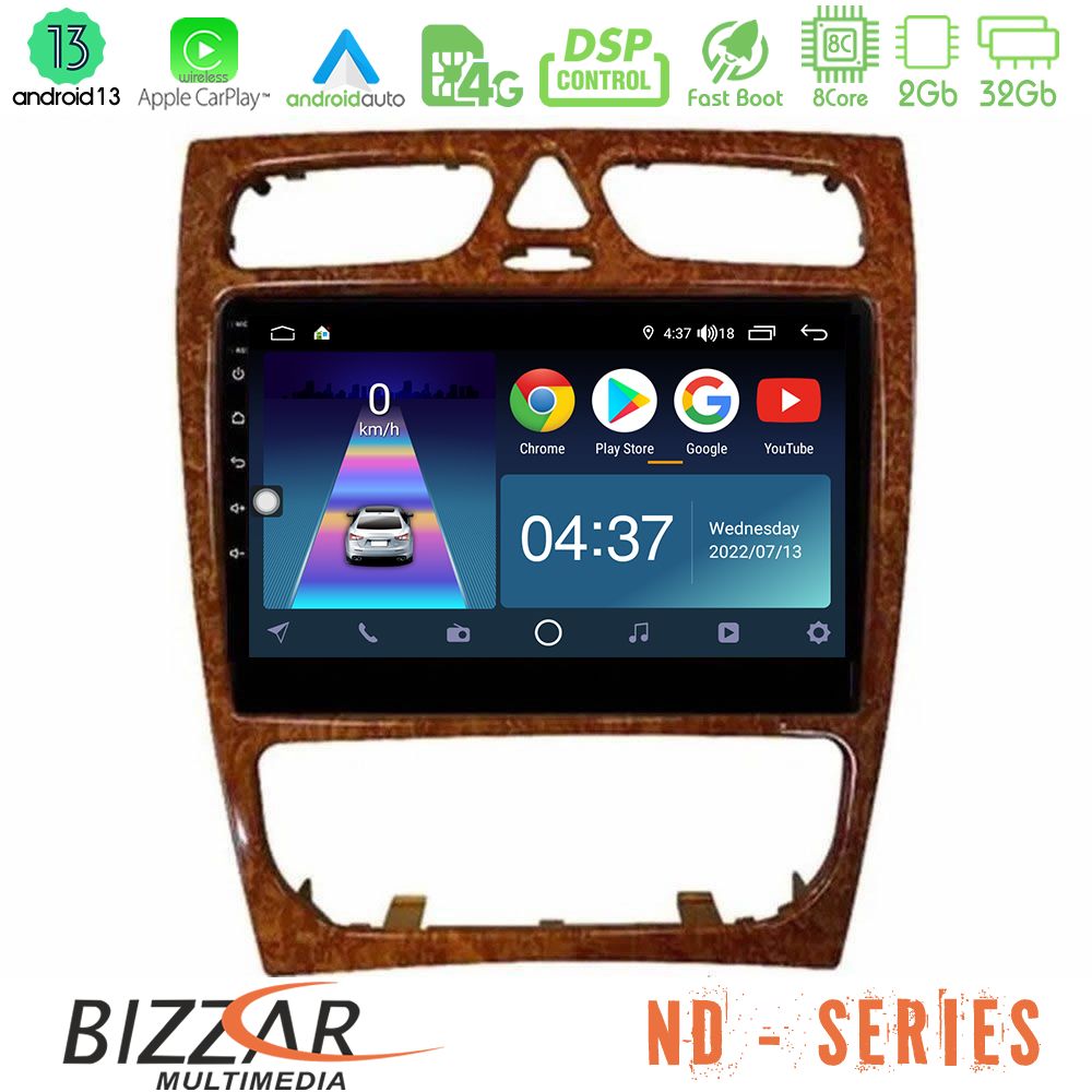 Bizzar ND Series 8Core Android13 2+32GB Mercedes C Class (W203) Navigation Multimedia Tablet 9" (Wooden Style) - U-ND-MB0925W