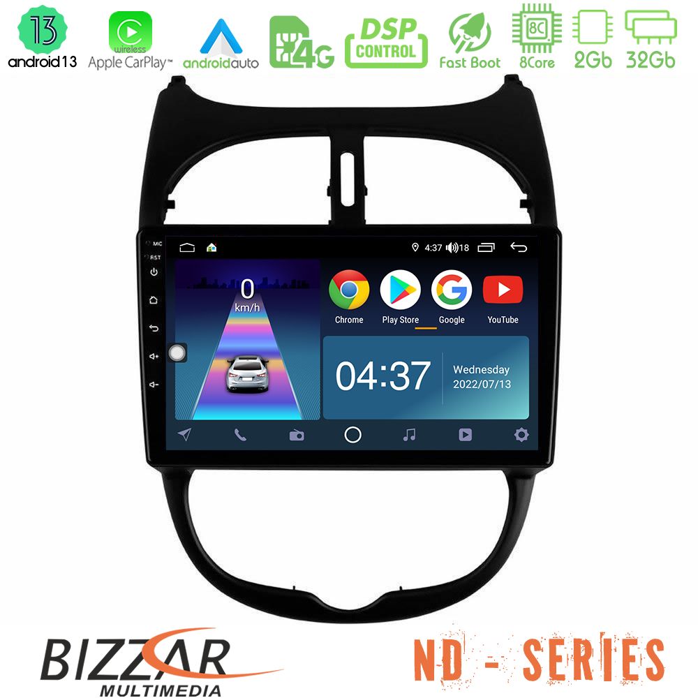 Bizzar ND Series 8Core Android13 2+32GB Peugeot 206 Navigation Multimedia Tablet 9" - U-ND-PG0540