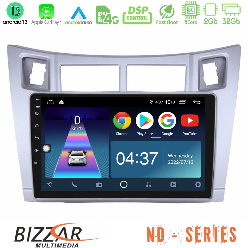 Bizzar ND Series 8Core Android13 2+32GB Toyota Yaris Navigation Multimedia Tablet 9" (Ασημί Χρώμα) - U-ND-TY626S